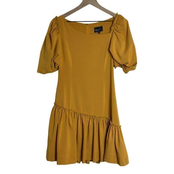 Marigold Line & Dot Ruffle Asymmetrical Puff Sleeve Yoko Mini Dress Size Small - Picture 11 of 15